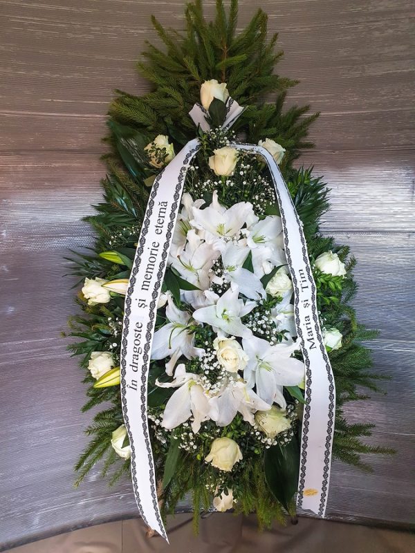 livrare coroana funerara crini trandafir alb